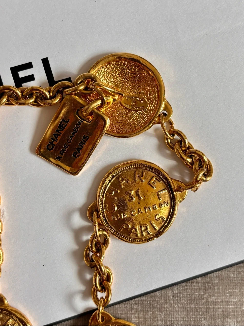 Authentic CHANEL medallion charm gold plated Rue Cambon 31 medallion belt 80cm